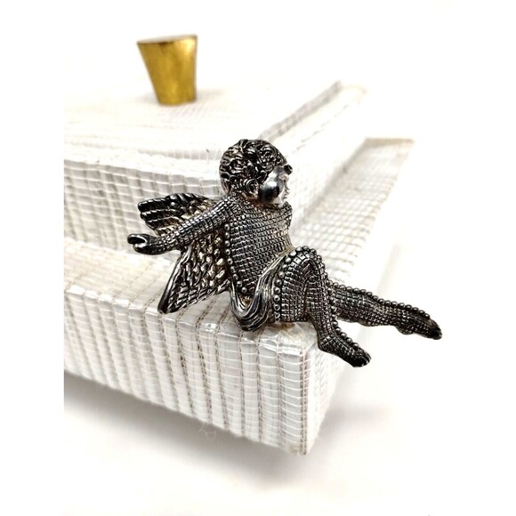Vtg Pewter Angel Brooch Fairy Silver Tone Metal Texture Unbranded Substantial - Picture 3 of 7